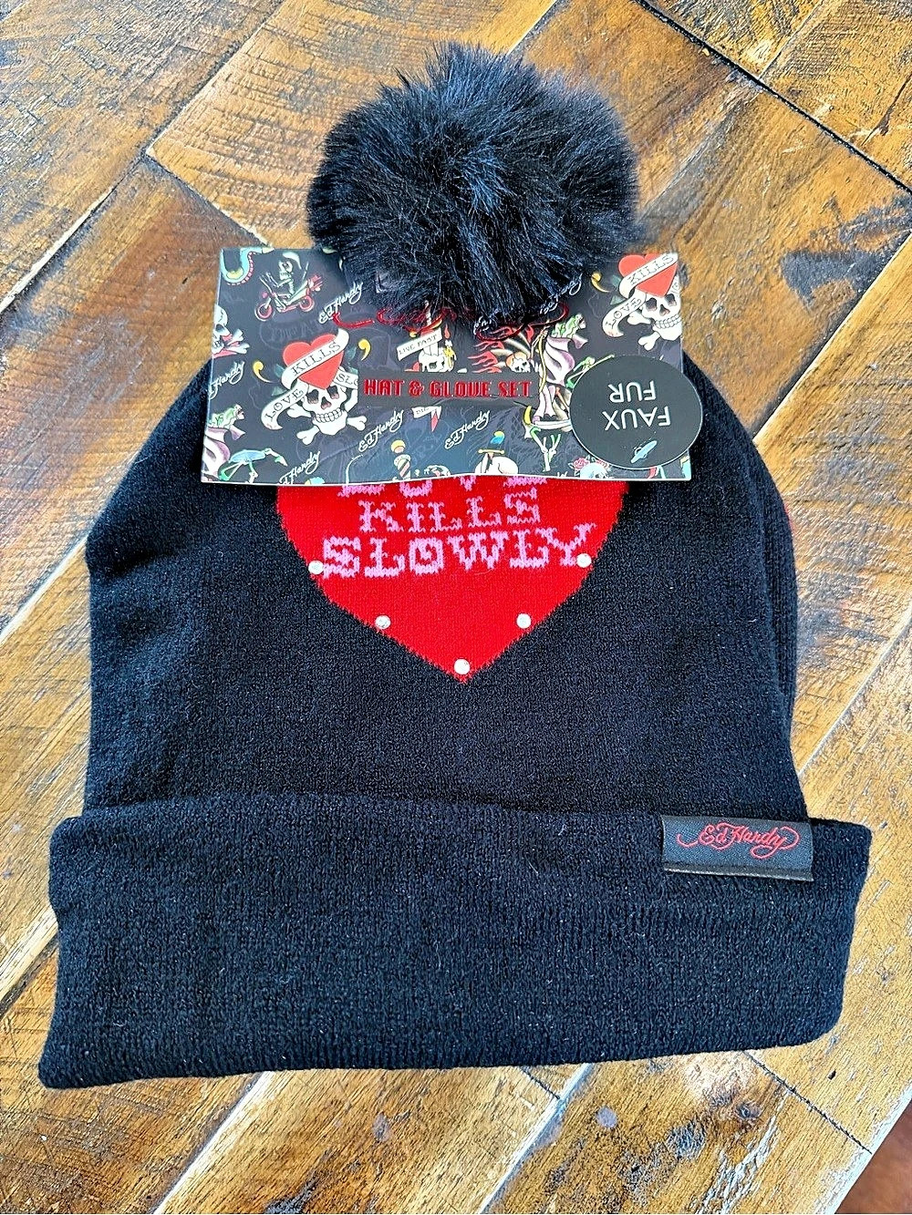 NWT 2Pack Ed Hardy Love Kills Slowly Tiger Rhinestone PomPom Beanie Hats
